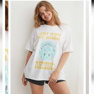 aerie White Graphic Tee with Yellow and Light Blue Print